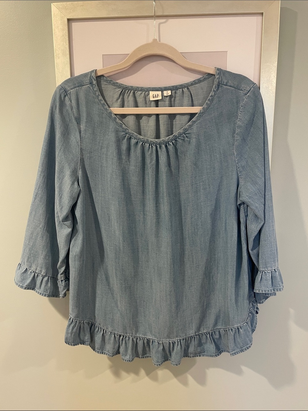 GAP Chambray Ruffle-Hem Women's Blouse in Light Blue